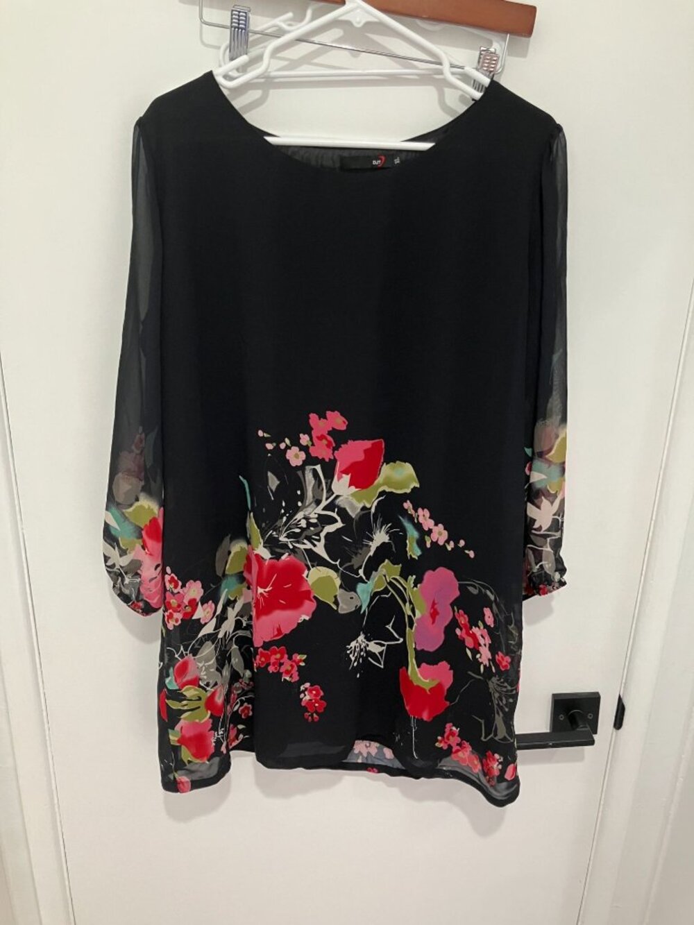 DJT Chiffon Tunic Dress Black Pink Red Floral Sheer Long Sleeve Shift Women's XL